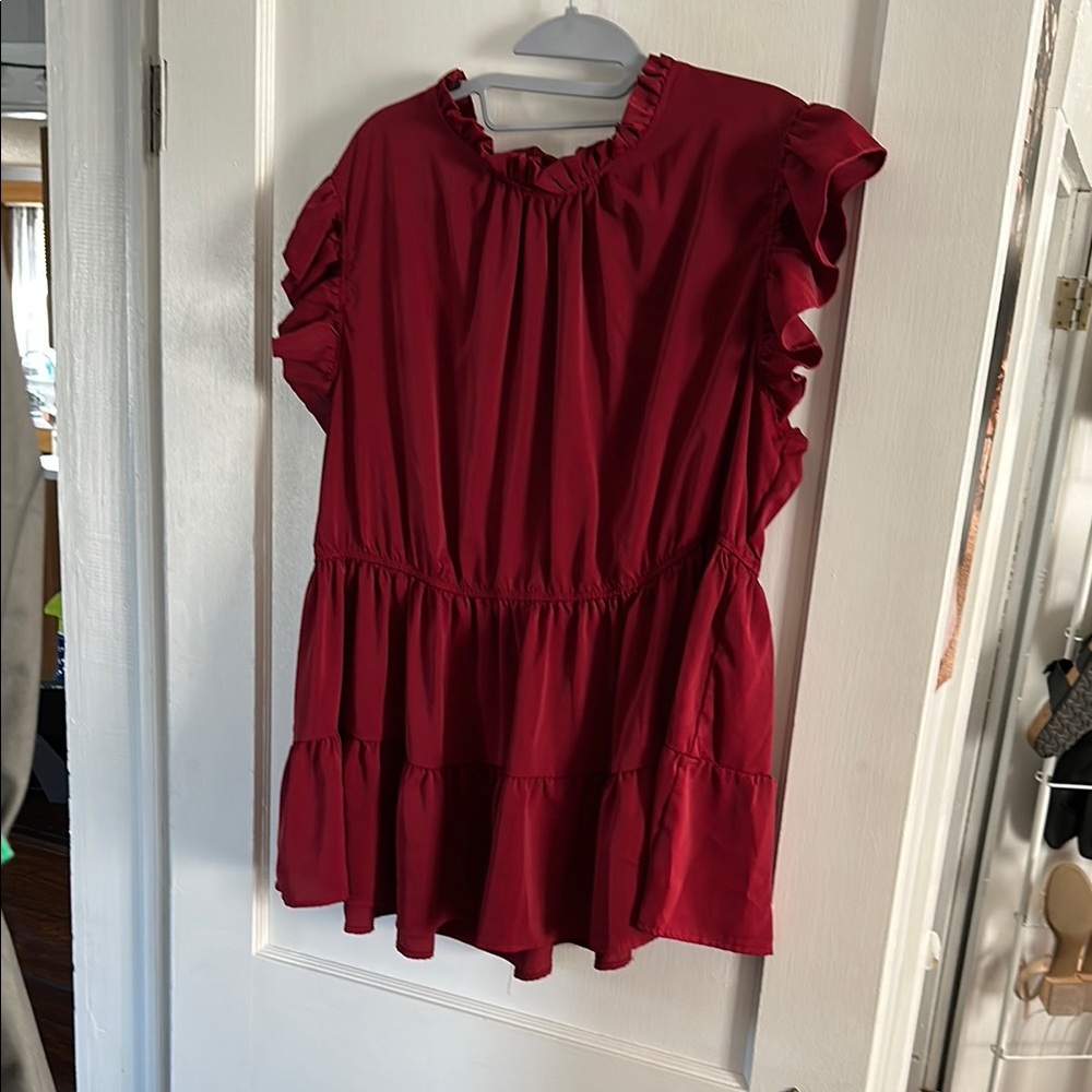 Red Ruffled Blouse with High Neckline